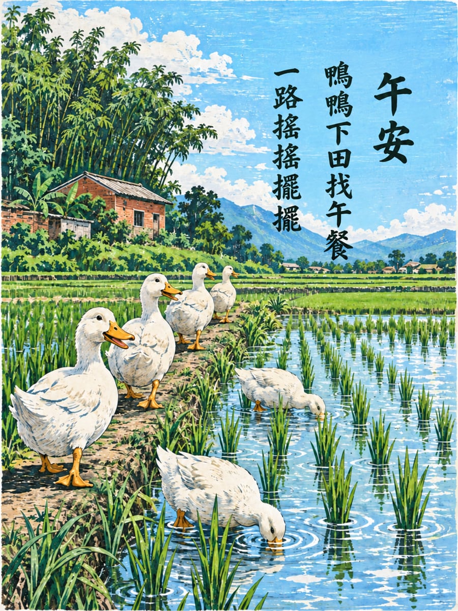 鴨鴨下田。圖中文字：午安，鴨鴨下田找午餐，一路搖搖擺擺