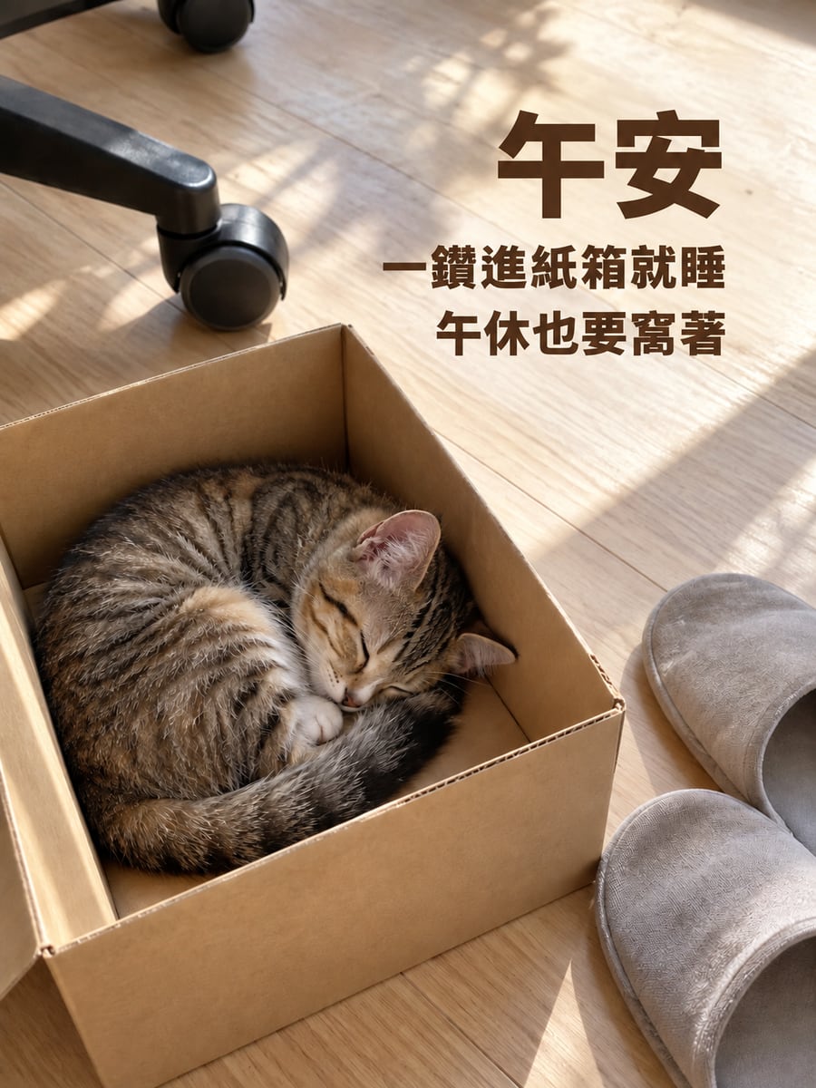 紙箱裡的小貓。圖中文字：午安，一鑽進紙箱就睡，午休也要窩著