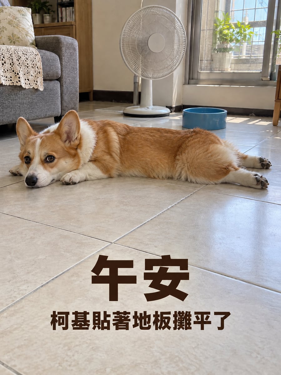 攤平的柯基。圖中文字：午安，柯基貼著地板攤平了