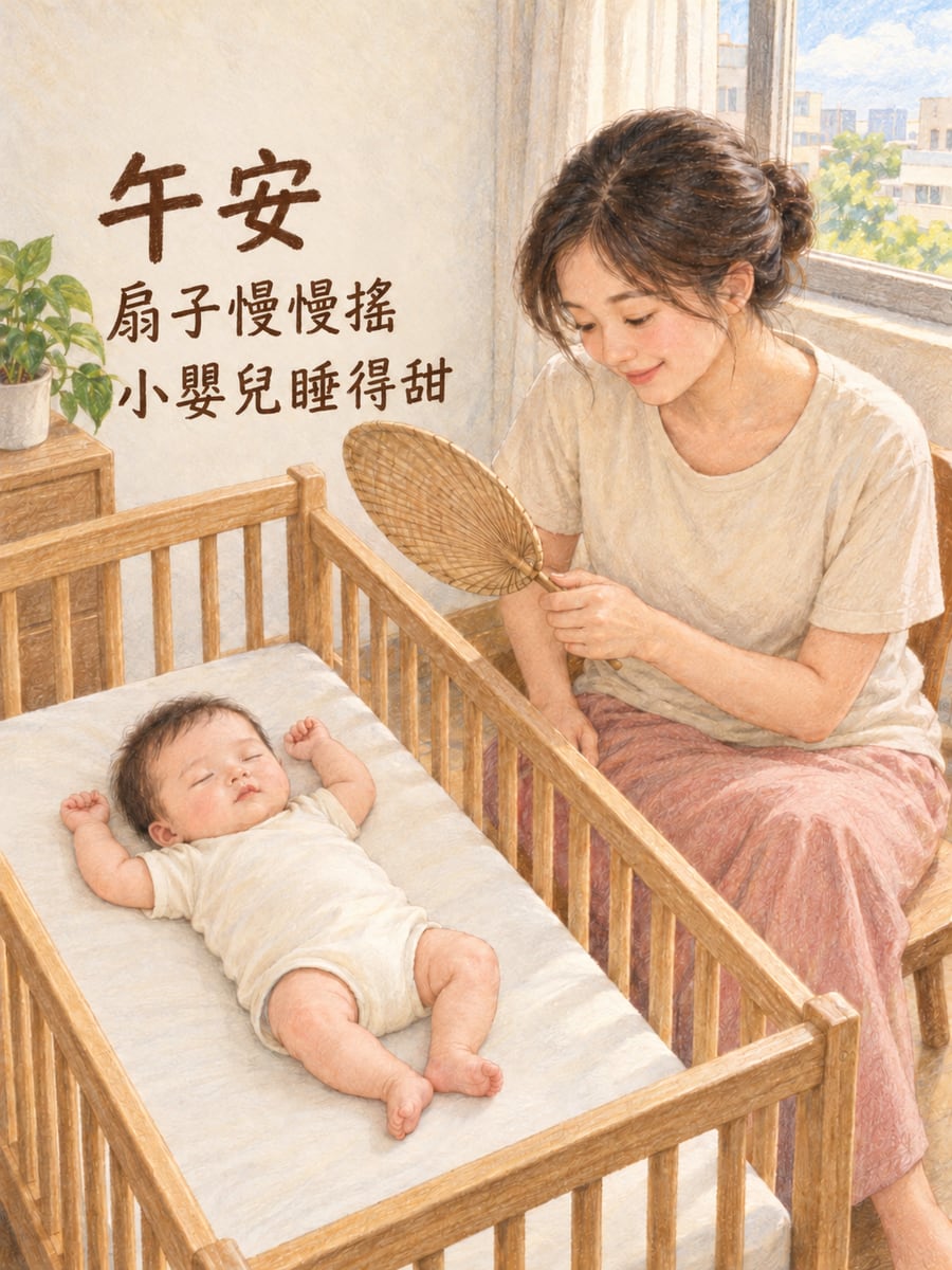 扇子慢慢搖。圖中文字：午安，扇子慢慢搖，小嬰兒睡得甜