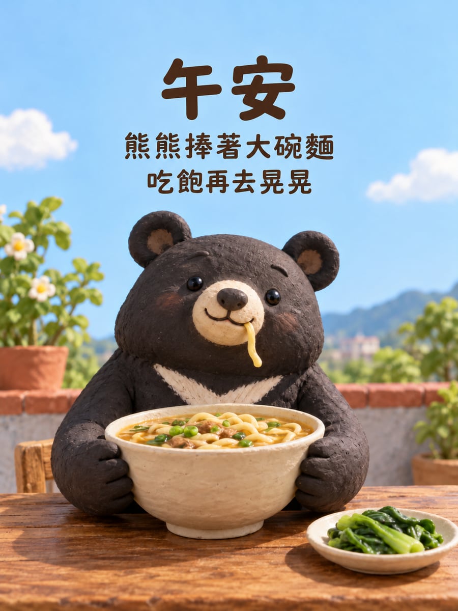 熊熊的大碗麵。圖中文字：午安，熊熊捧著大碗麵，吃飽再去晃晃