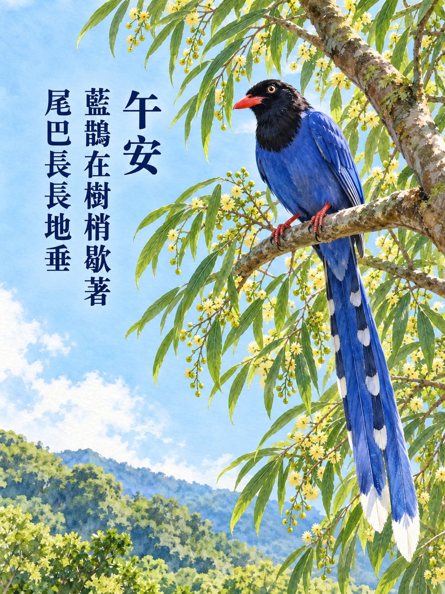 樹梢的藍鵲。圖中文字：午安，藍鵲在樹梢歇著，尾巴長長地垂