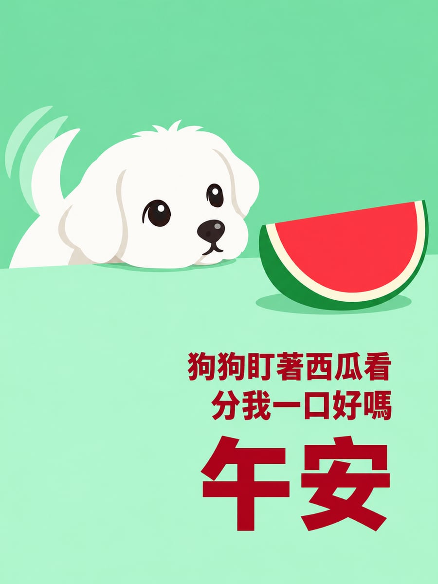 狗狗盯著西瓜。圖中文字：午安，狗狗盯著西瓜看，分我一口好嗎
