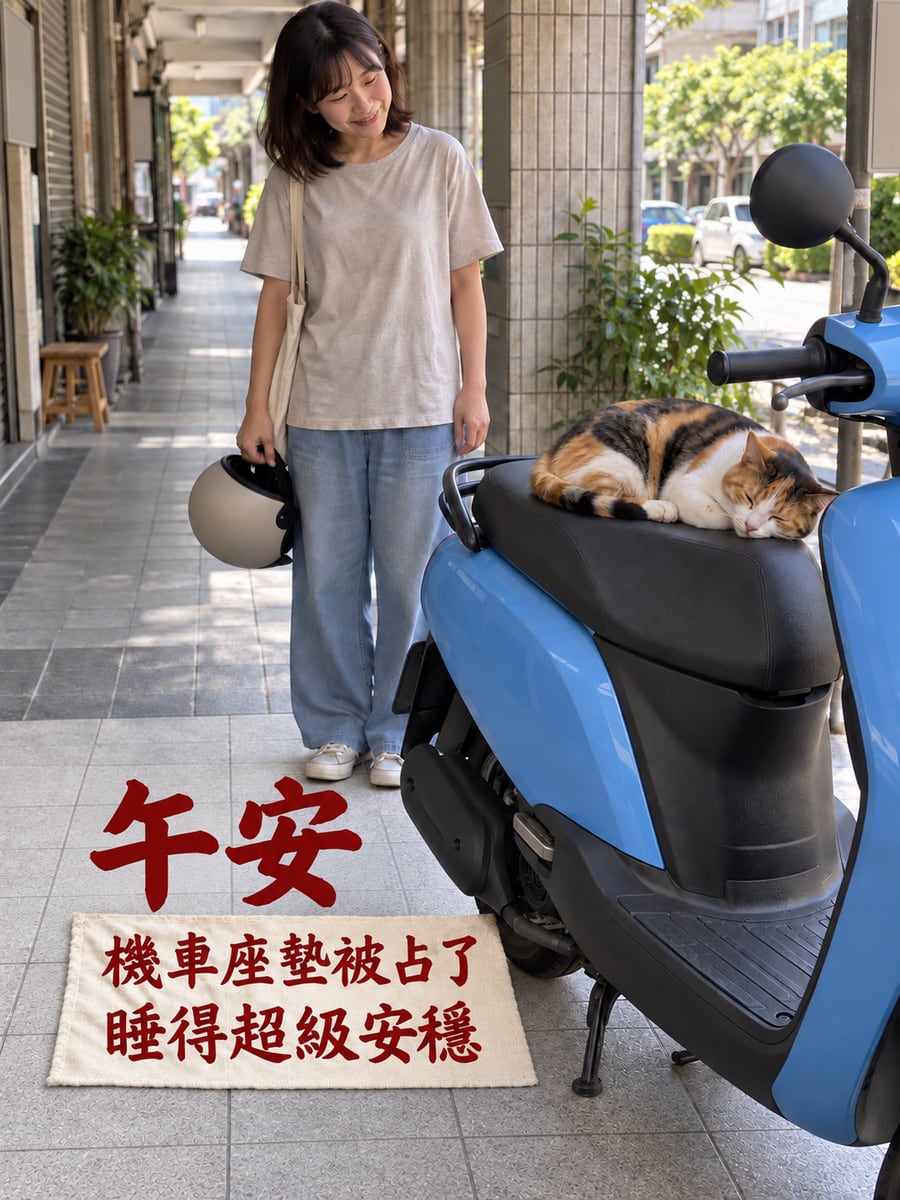 機車座墊被占了。圖中文字：午安，機車座墊被占了，睡得超級安穩