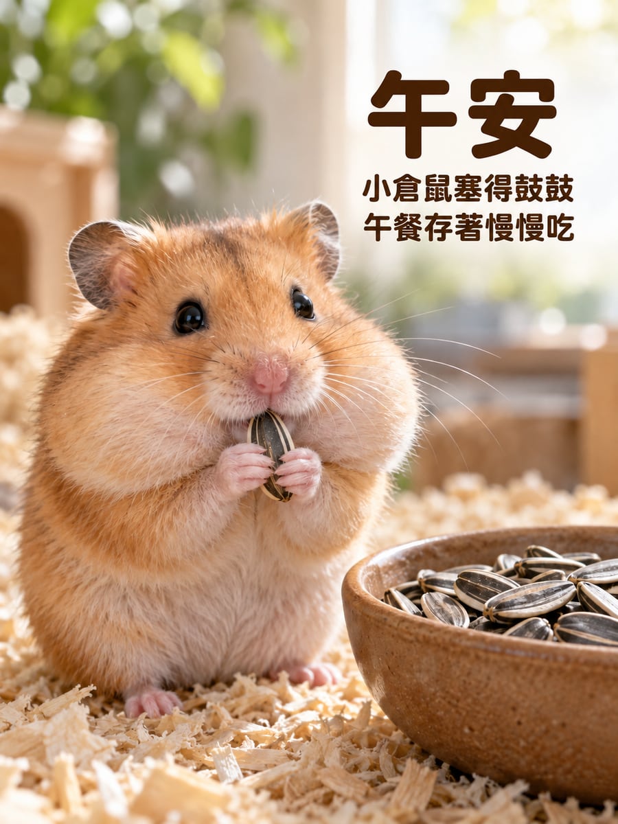 塞滿臉頰的倉鼠。圖中文字：午安，小倉鼠塞得鼓鼓，午餐存著慢慢吃