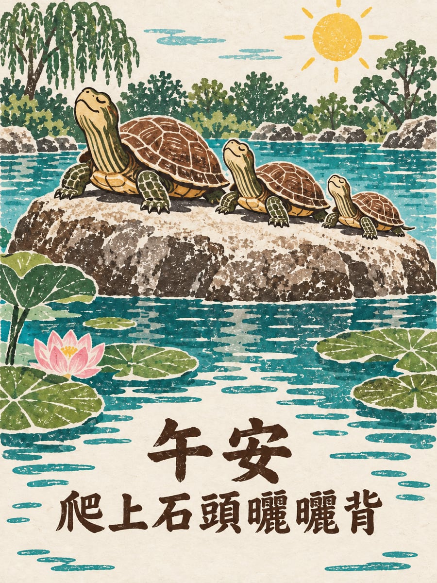 石頭上曬背。圖中文字：午安，爬上石頭曬曬背