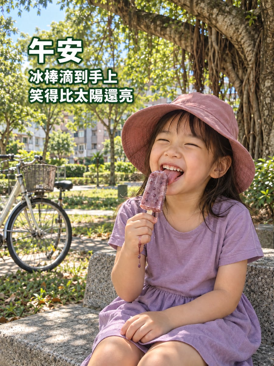 樹下吃冰棒。圖中文字：午安，冰棒滴到手上，笑得比太陽還亮
