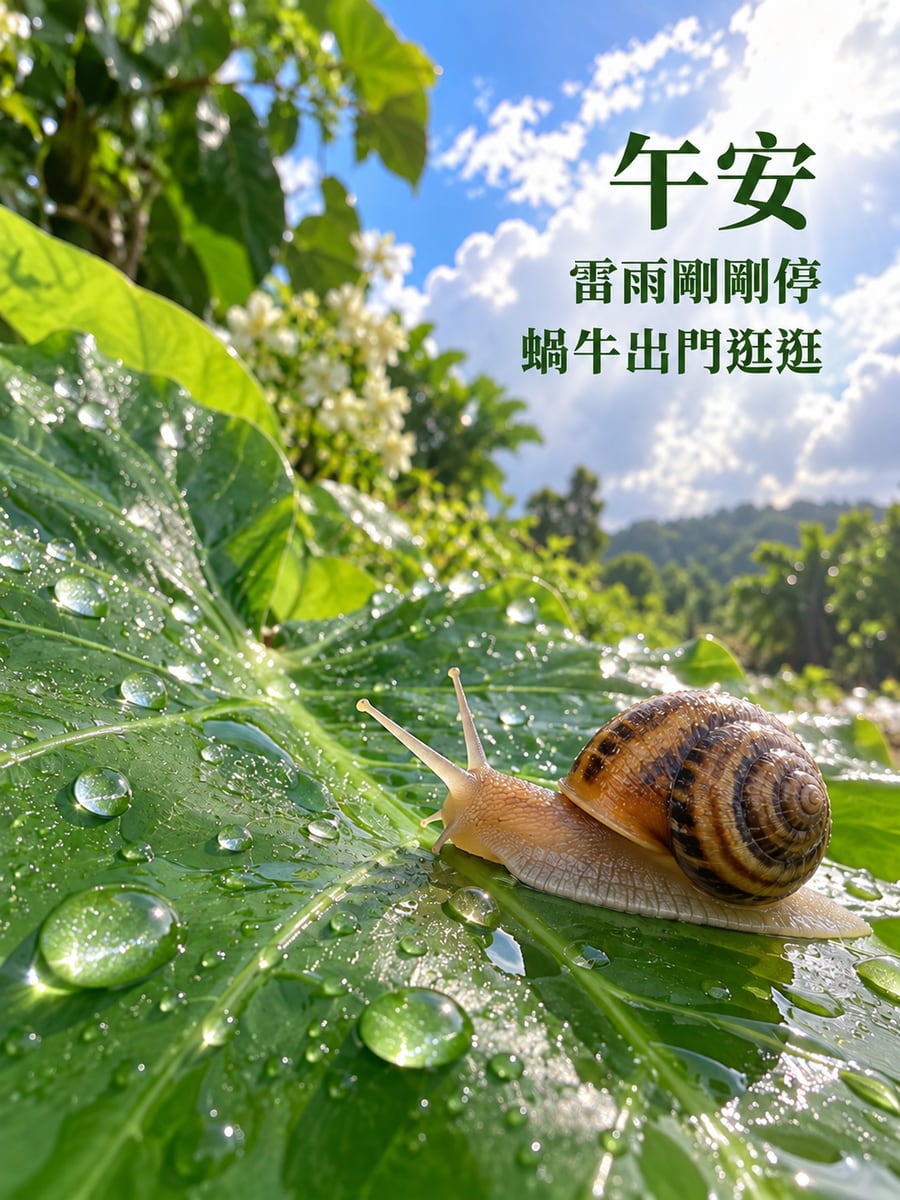 雨後的蝸牛。圖中文字：午安，雷雨剛剛停，蝸牛出門逛逛