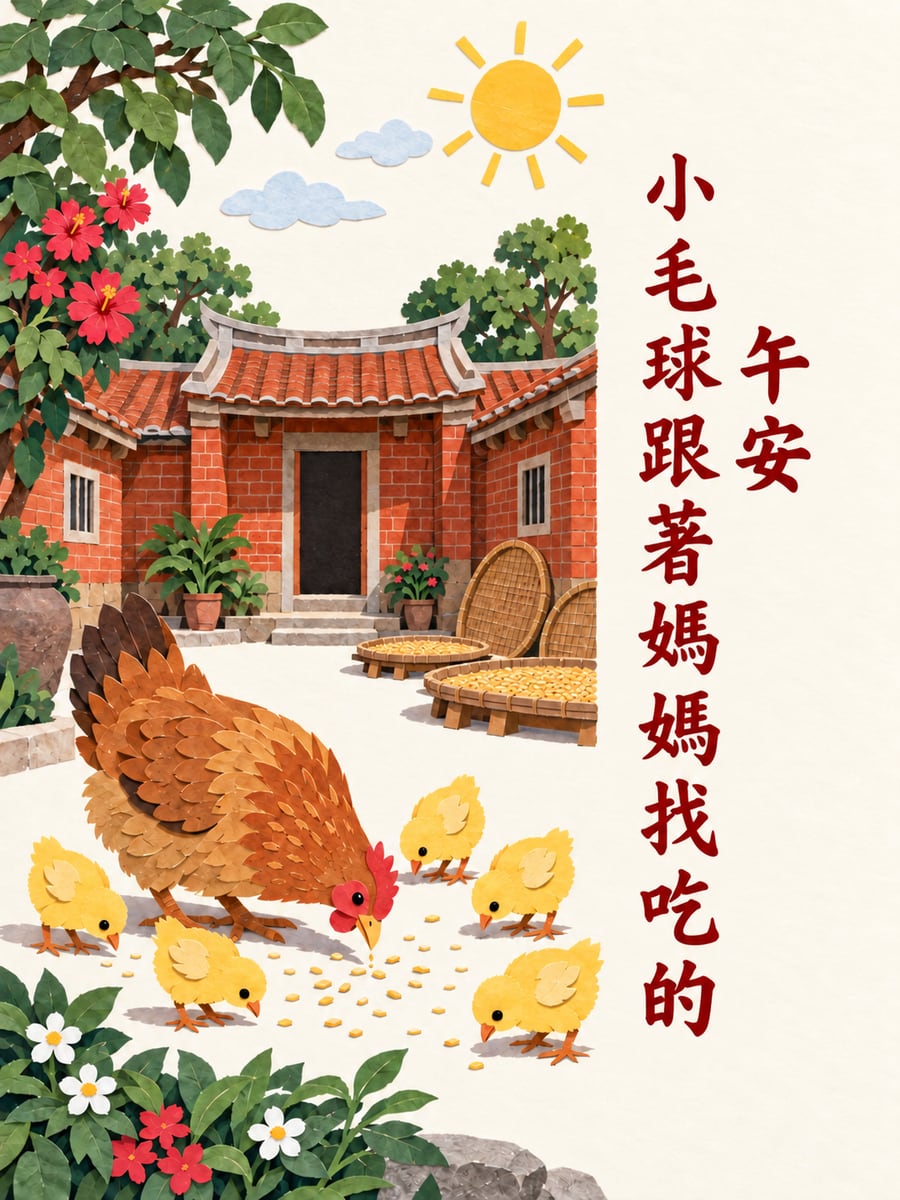 跟著媽媽的小雞。圖中文字：午安，小毛球跟著媽媽找吃的