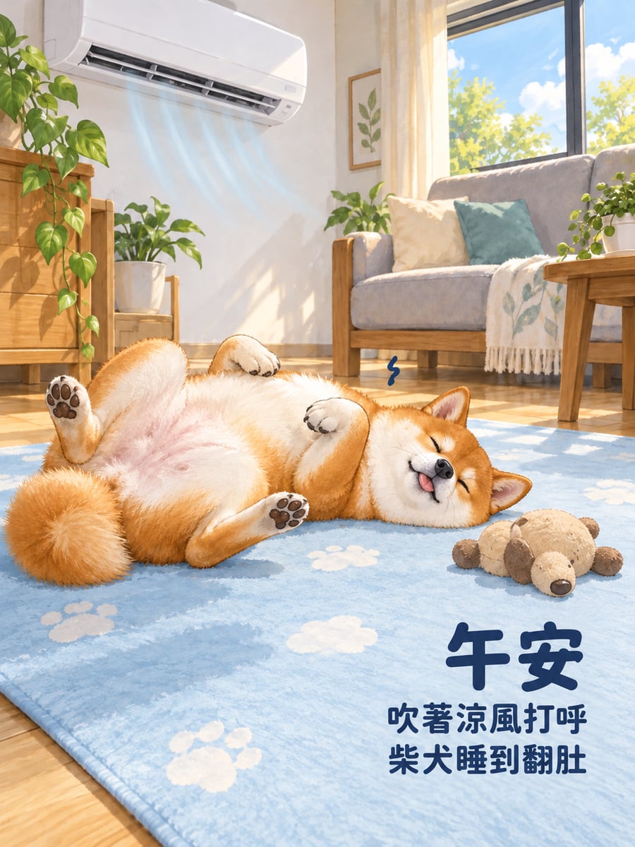 睡到翻肚的柴犬。圖中文字：午安，吹著涼風打呼，柴犬睡到翻肚