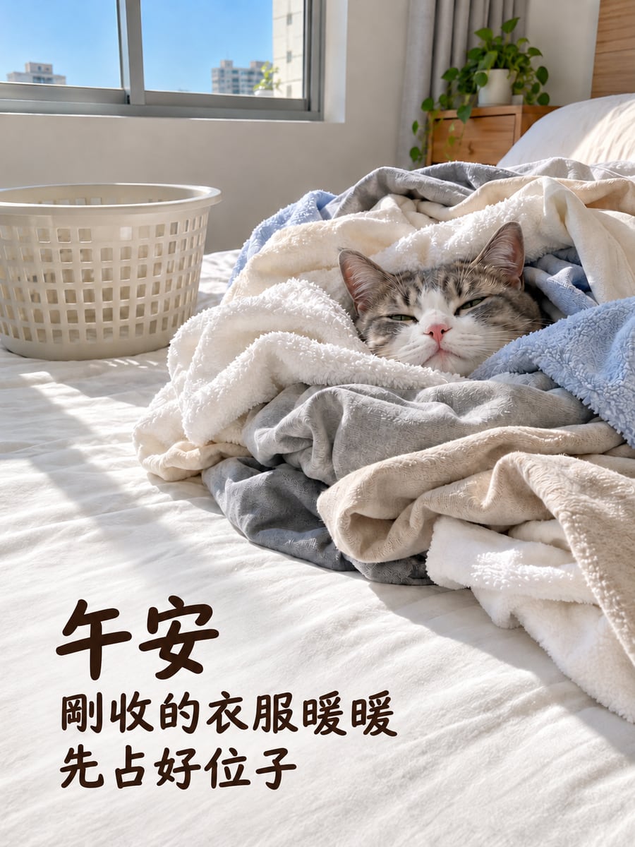 衣服堆裡的貓。圖中文字：午安，剛收的衣服暖暖，先占好位子