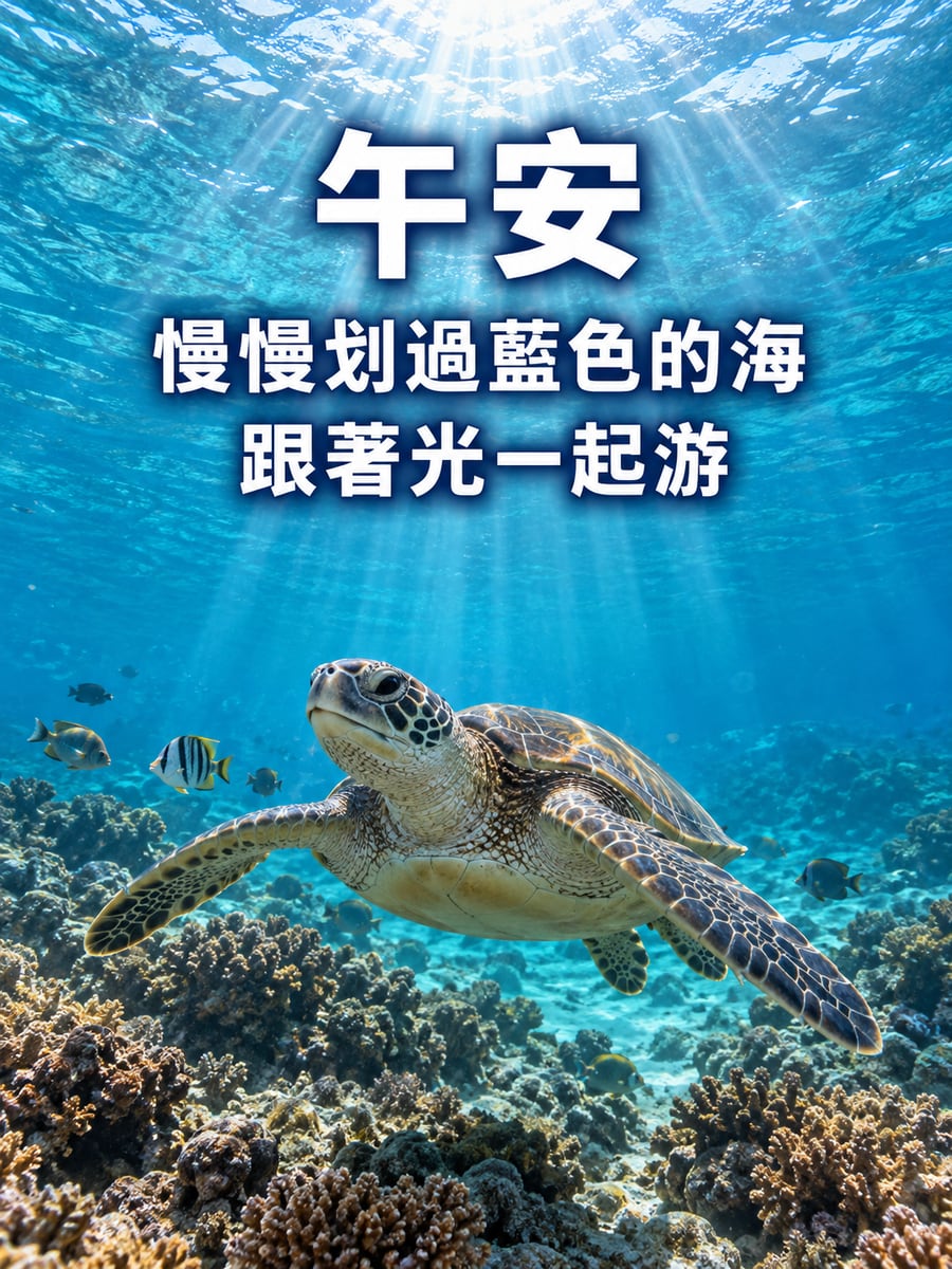 淺海的海龜。圖中文字：午安，慢慢划過藍色的海，跟著光一起游