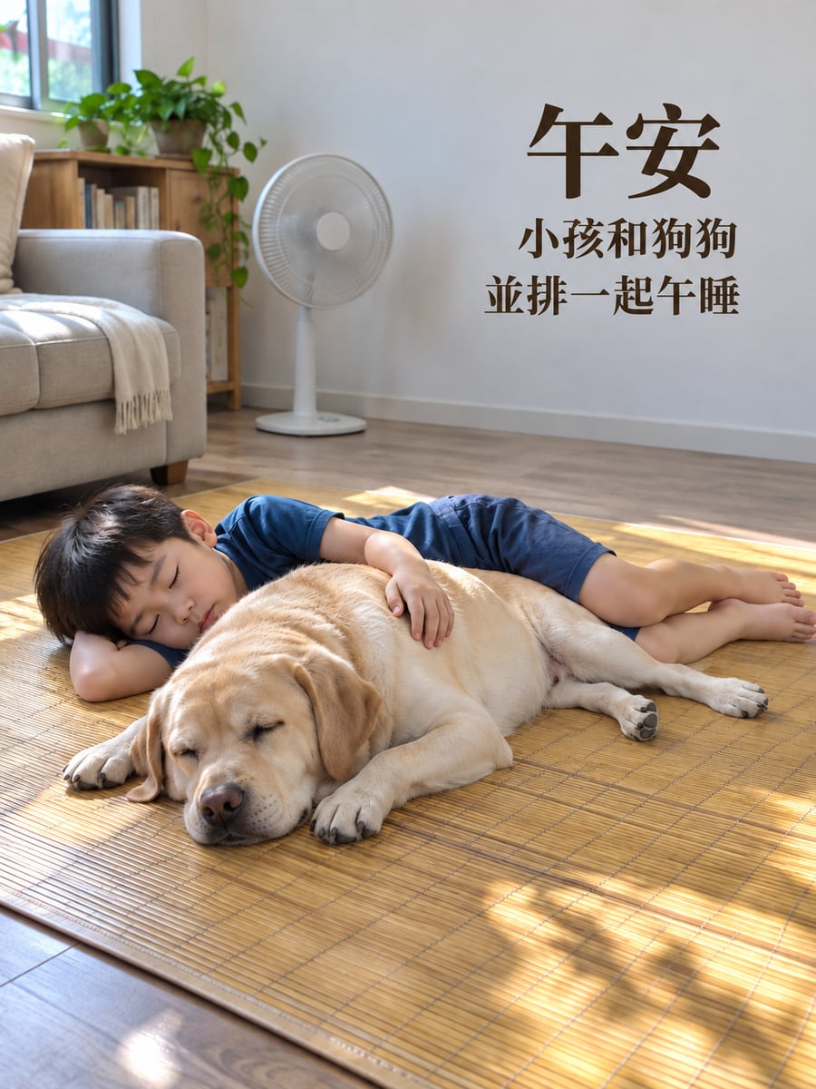 並排午睡。圖中文字：午安，小孩和狗狗，並排一起午睡
