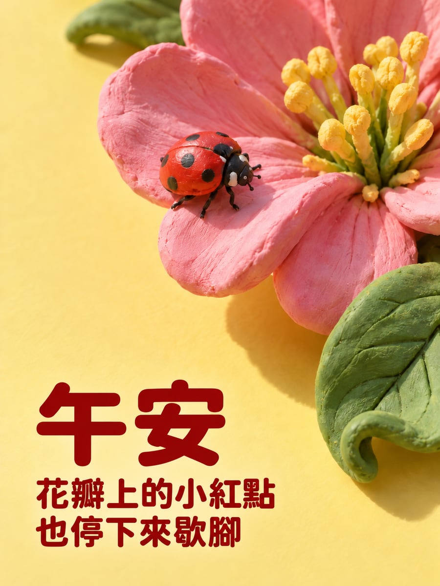 花瓣上的瓢蟲。圖中文字：午安，花瓣上的小紅點，也停下來歇腳