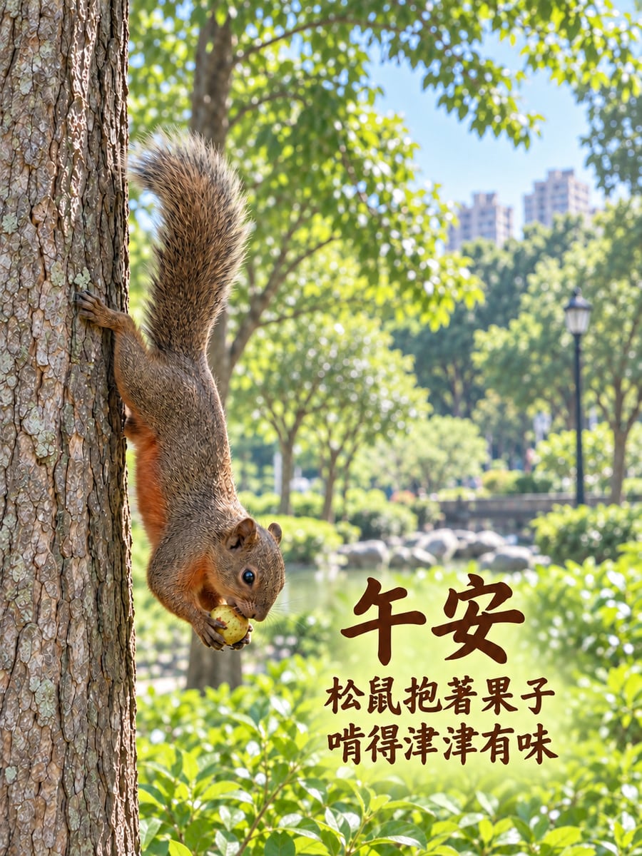 啃果子的松鼠。圖中文字：午安，松鼠抱著果子，啃得津津有味