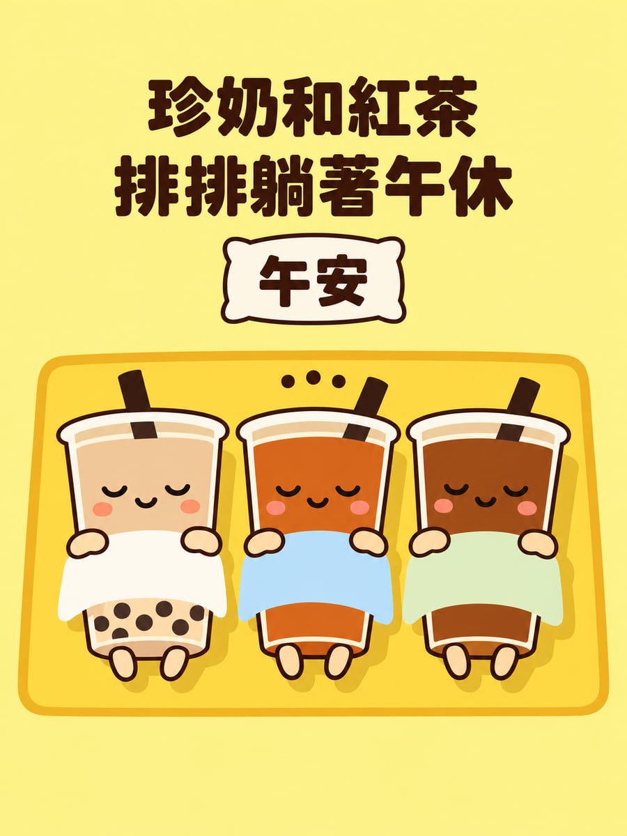 飲料們在午休。圖中文字：午安，珍奶和紅茶，排排躺著午休