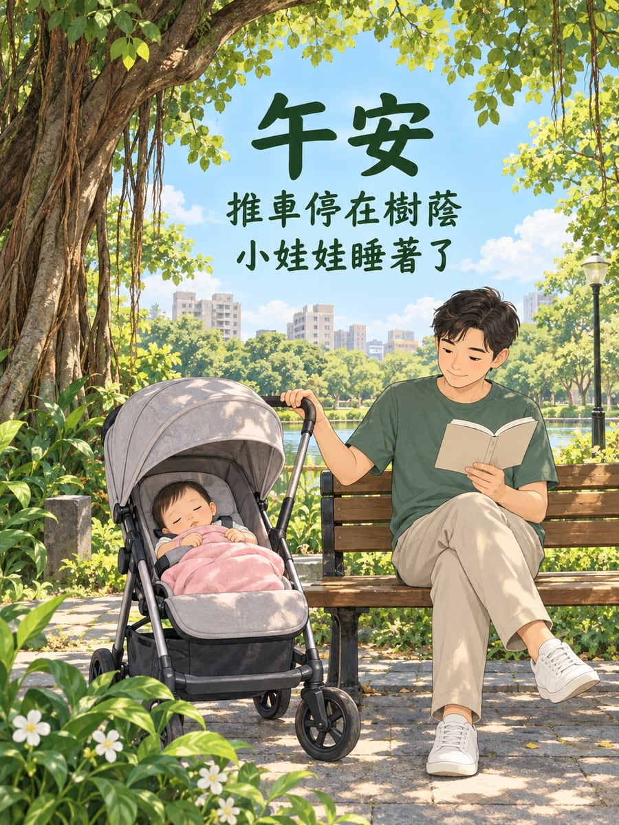 樹蔭下的推車。圖中文字：午安，推車停在樹蔭，小娃娃睡著了