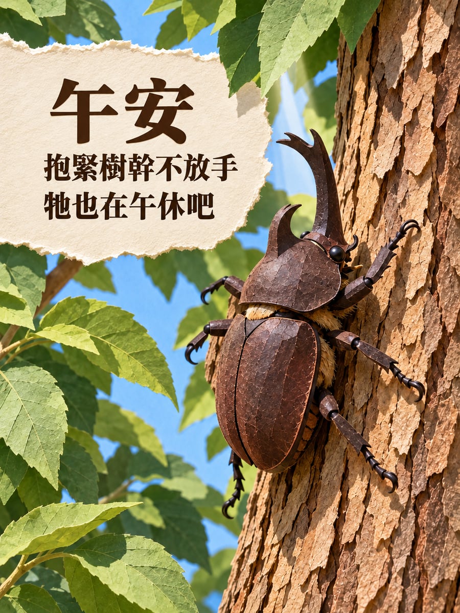 抱緊樹幹的甲蟲。圖中文字：午安，抱緊樹幹不放手，牠也在午休吧
