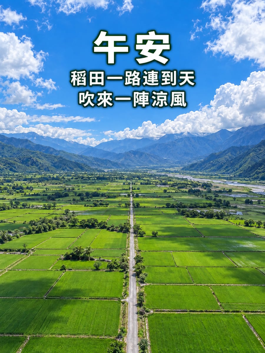 連到天的稻田。圖中文字：午安，稻田一路連到天，吹來一陣涼風