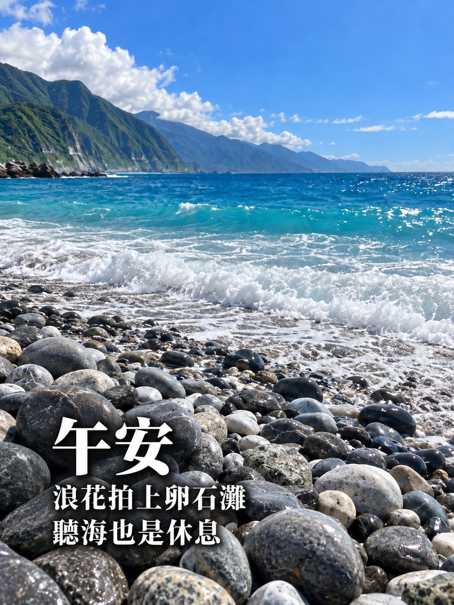 卵石海灘。圖中文字：午安，浪花拍上卵石灘，聽海也是休息