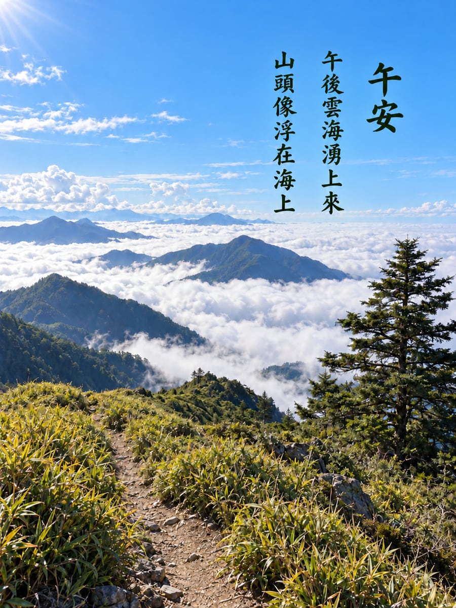 午後雲海。圖中文字：午安，午後雲海湧上來，山頭像浮在海上