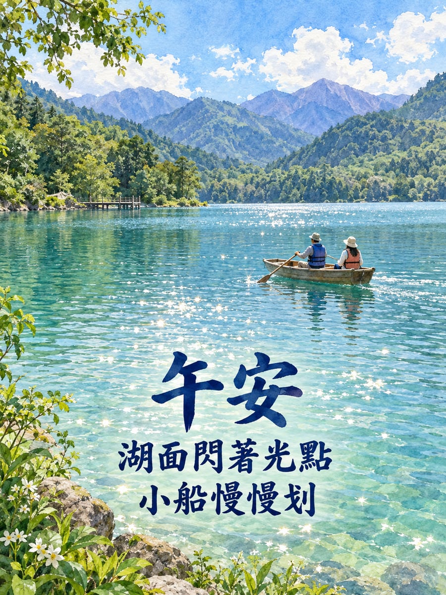 湖上小船。圖中文字：午安，湖面閃著光點，小船慢慢划
