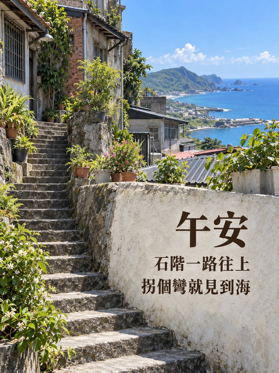 山城石階。圖中文字：午安，石階一路往上，拐個彎就見到海