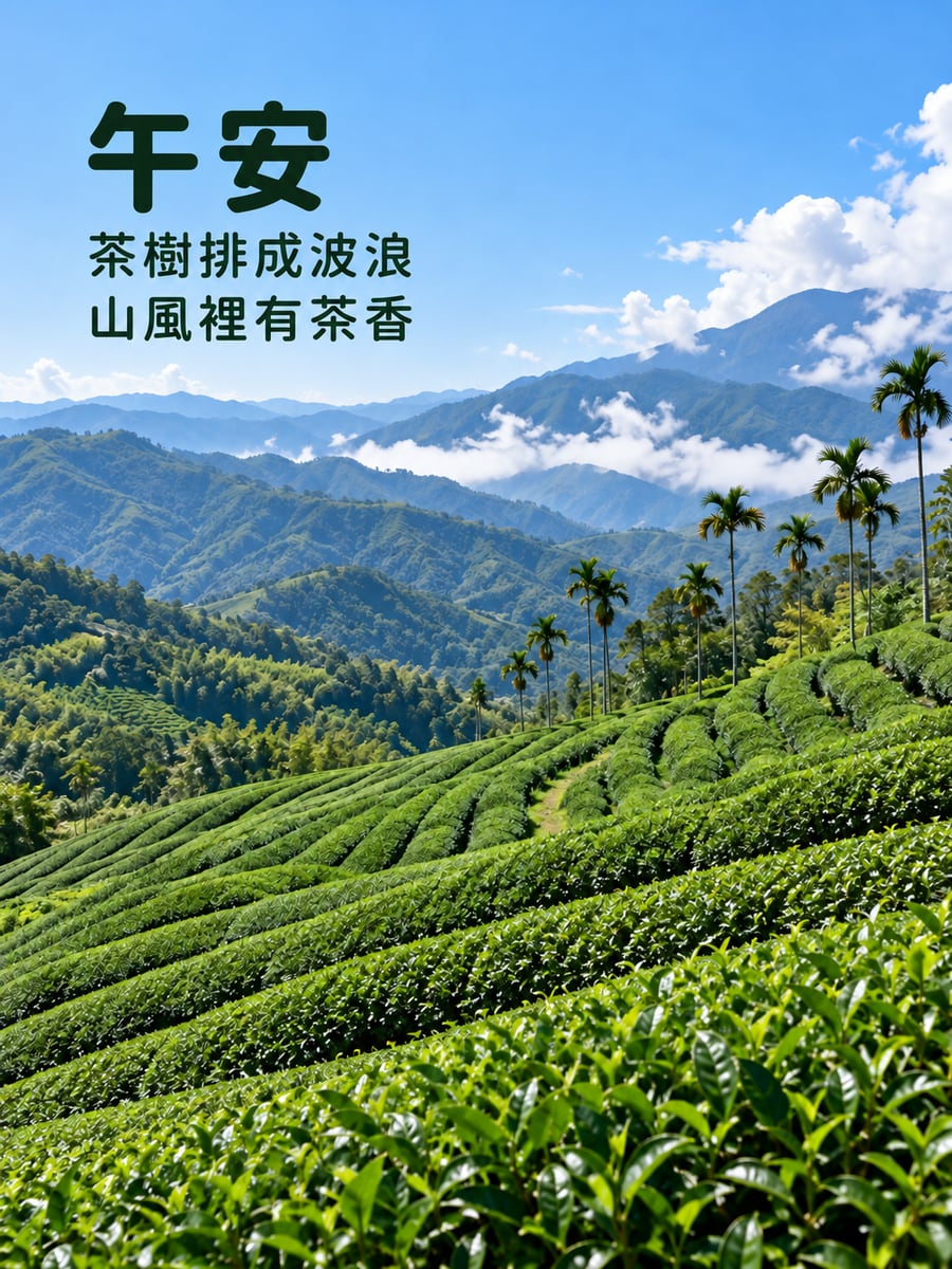 茶園波浪。圖中文字：午安，茶樹排成波浪，山風裡有茶香