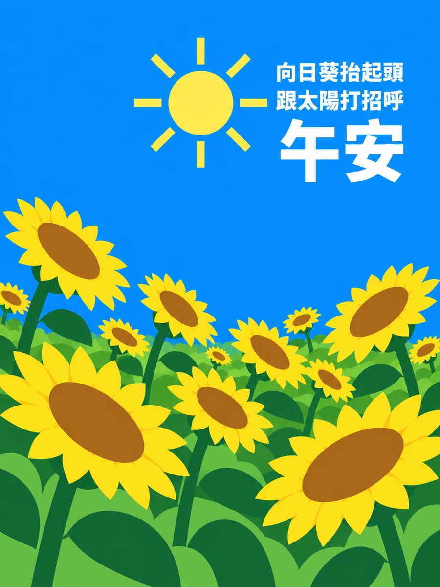 向日葵花田。圖中文字：午安，向日葵抬起頭，跟太陽打招呼
