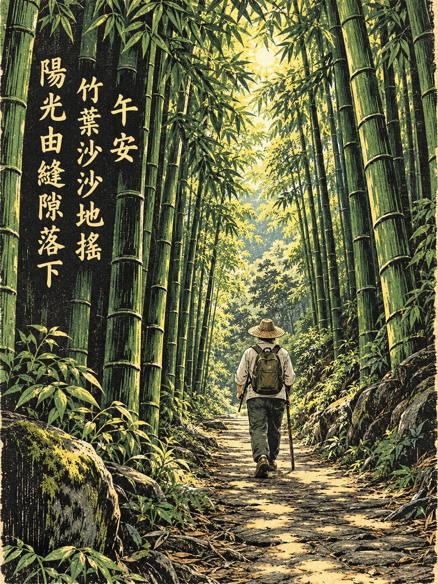 竹林步道。圖中文字：午安，竹葉沙沙地搖，陽光由縫隙落下