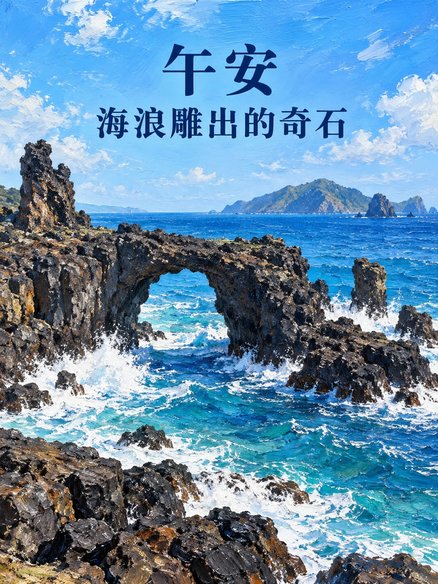 海浪雕出的奇石。圖中文字：午安，海浪雕出的奇石
