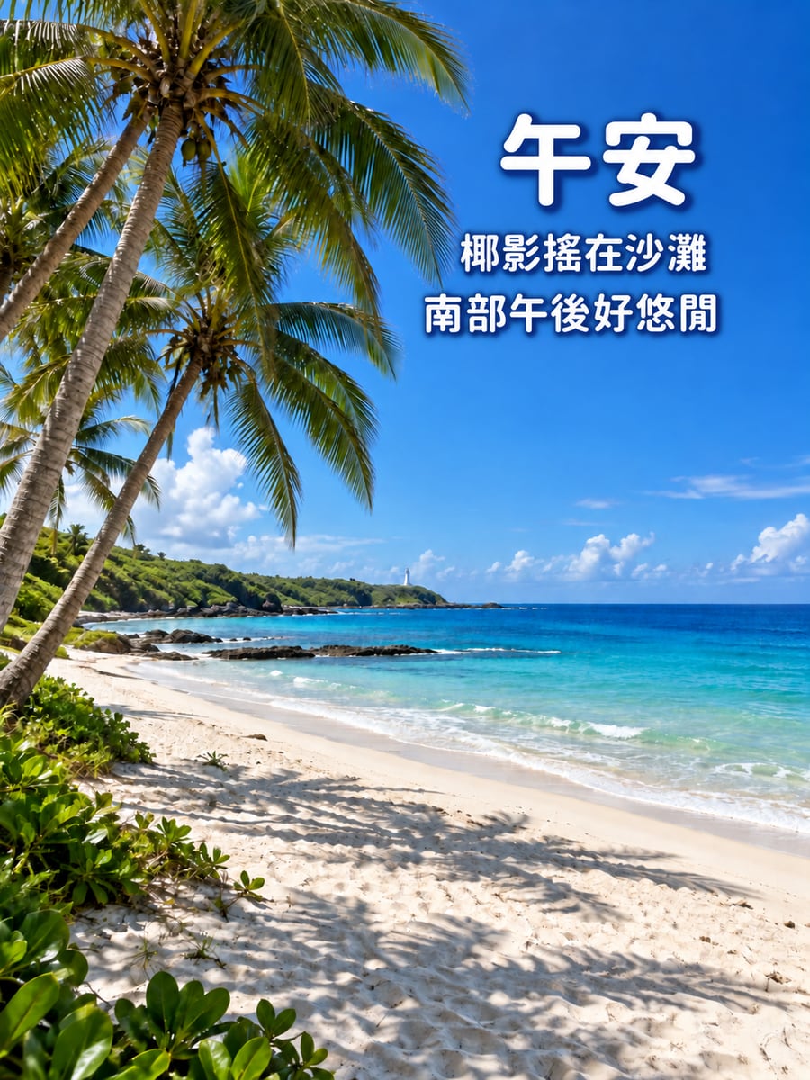 南部椰影。圖中文字：午安，椰影搖在沙灘，南部午後好悠閒