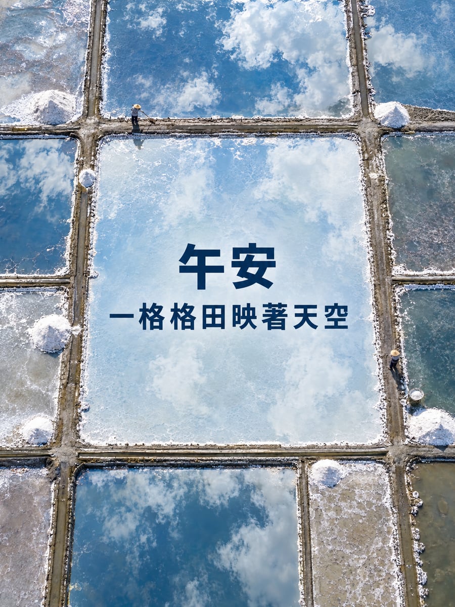 映著天空的鹽田。圖中文字：午安，一格格田映著天空