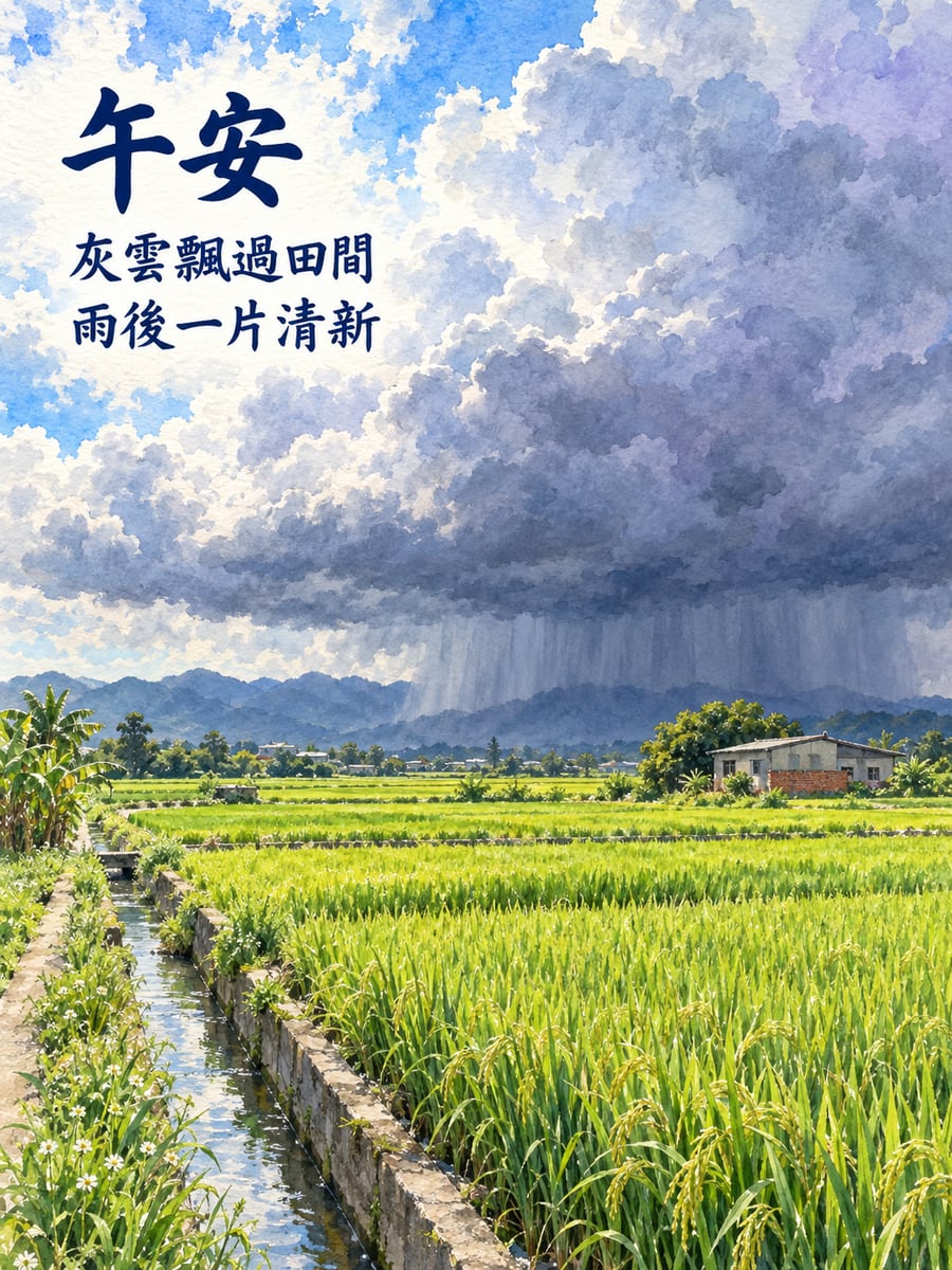雷雨雲飄過田間。圖中文字：午安，灰雲飄過田間，雨後一片清新