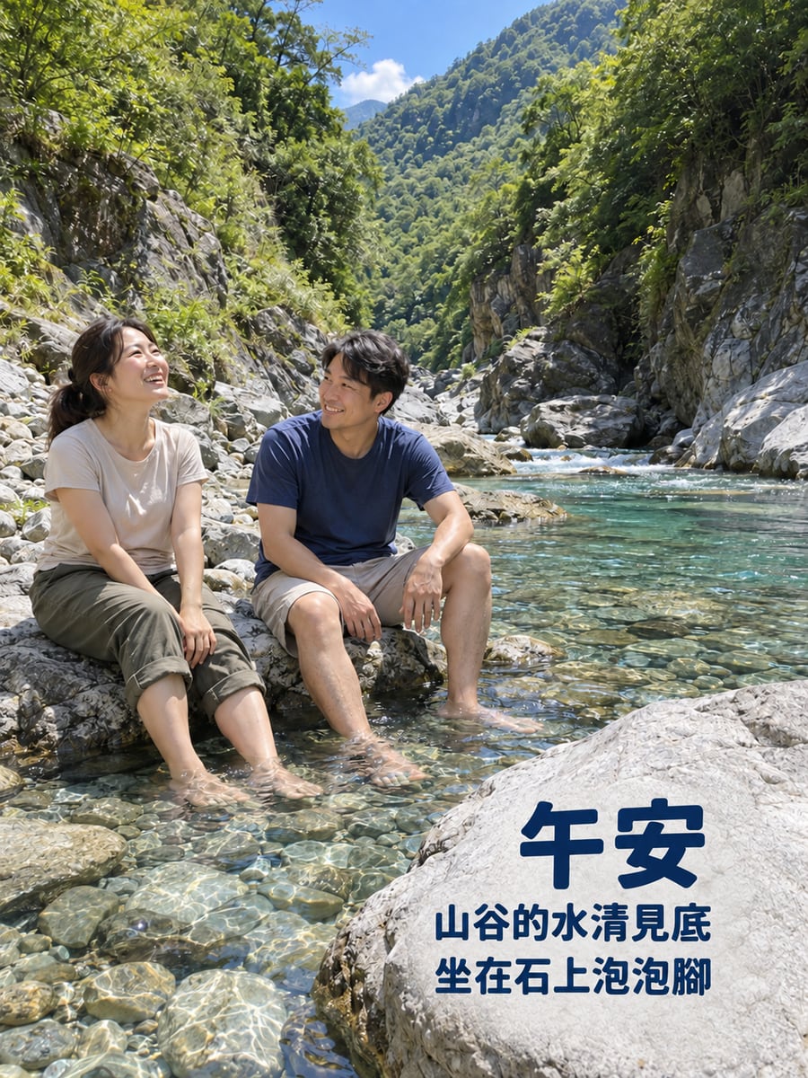 山谷清水。圖中文字：午安，山谷的水清見底，坐在石上泡泡腳