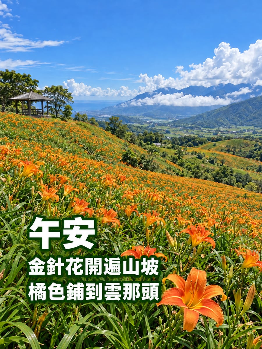 金針花山坡。圖中文字：午安，金針花開遍山坡，橘色鋪到雲那頭