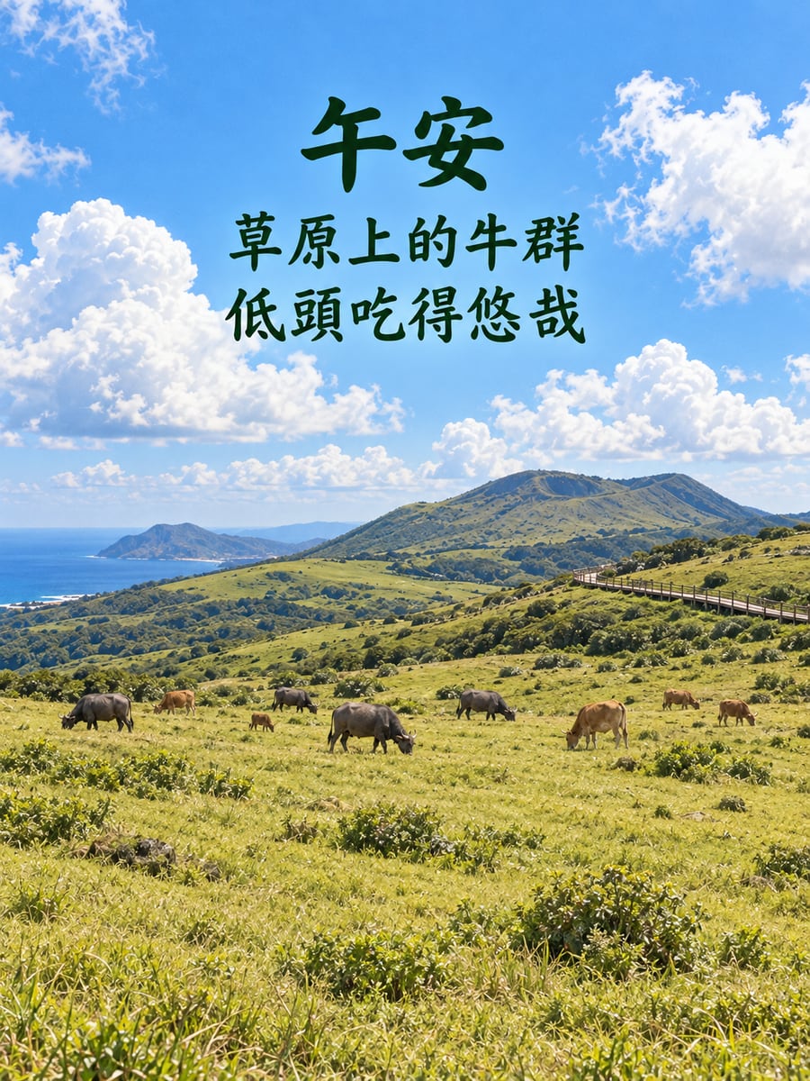 草原牛群。圖中文字：午安，草原上的牛群，低頭吃得悠哉