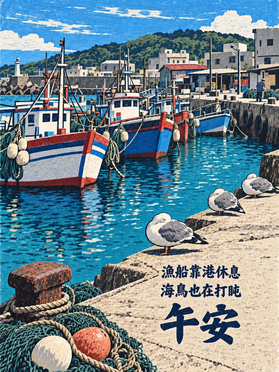漁港午休。圖中文字：午安，漁船靠港休息，海鳥也在打盹