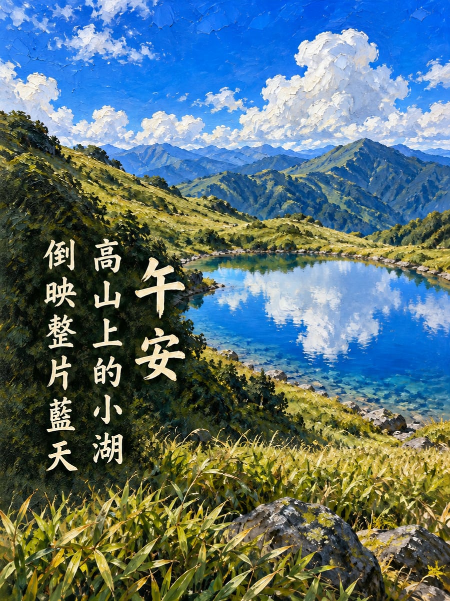 高山小湖。圖中文字：午安，高山上的小湖，倒映整片藍天