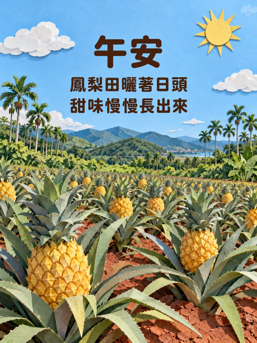 鳳梨田。圖中文字：午安，鳳梨田曬著日頭，甜味慢慢長出來