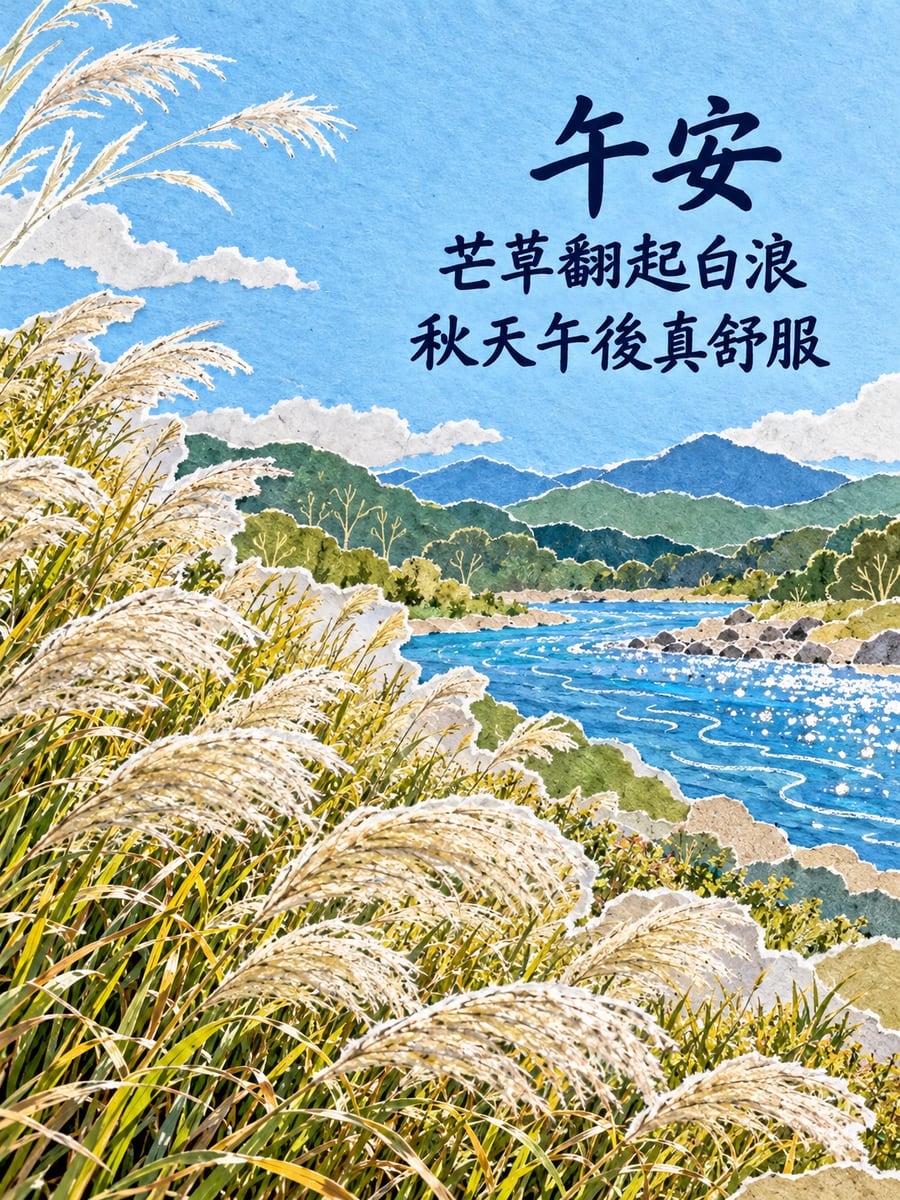 芒草白浪。圖中文字：午安，芒草翻起白浪，秋天午後真舒服