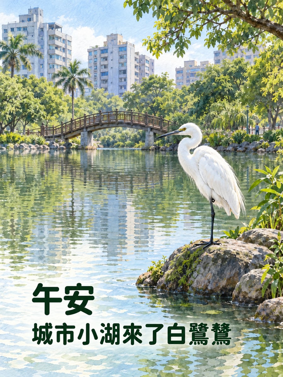 城市小湖。圖中文字：午安，城市小湖來了白鷺鷥