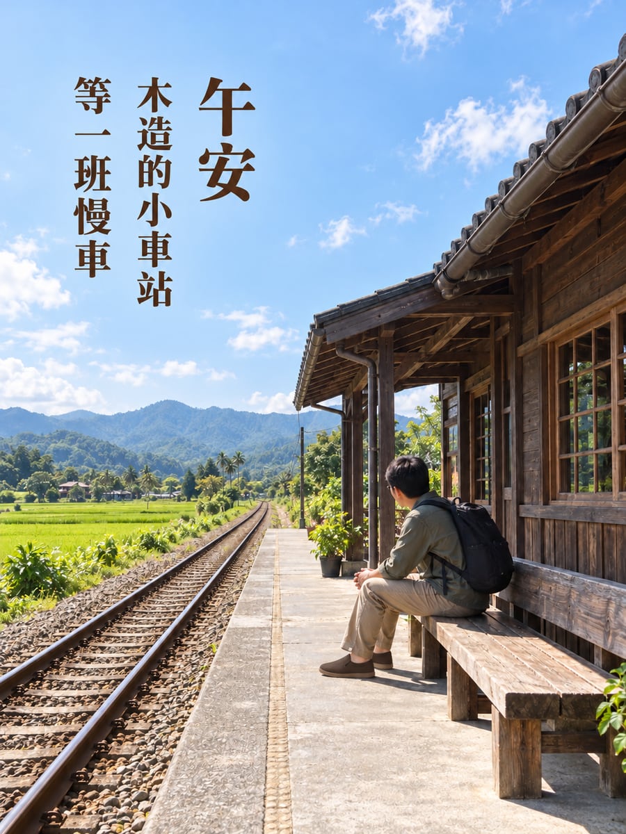 木造小車站。圖中文字：午安，木造的小車站，等一班慢車