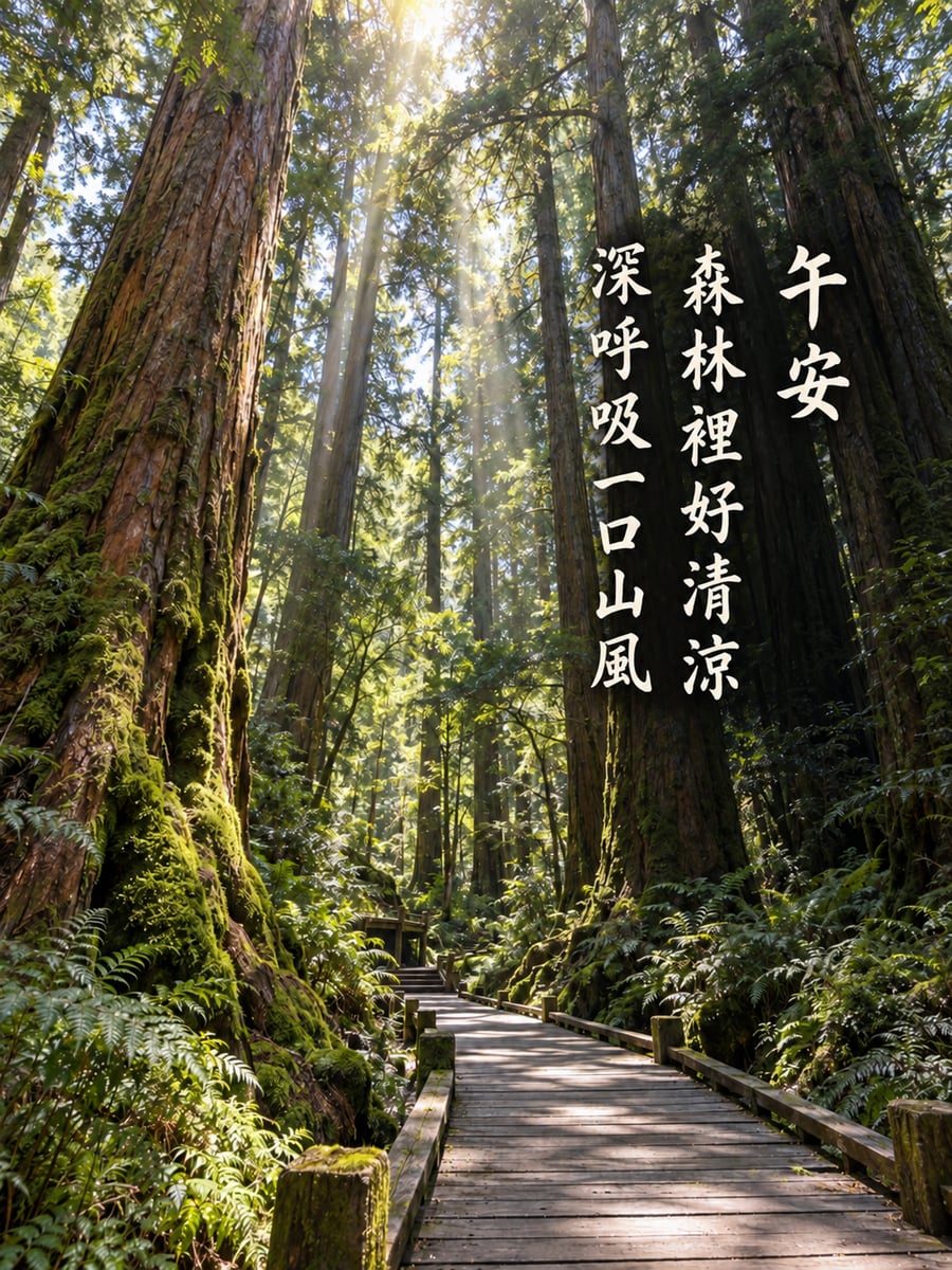 森林棧道。圖中文字：午安，森林裡好清涼，深呼吸一口山風