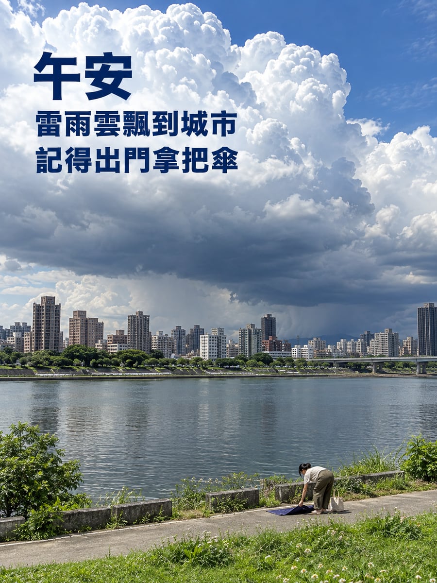 城市上空的雷雨雲。圖中文字：午安，雷雨雲飄到城市，記得出門拿把傘