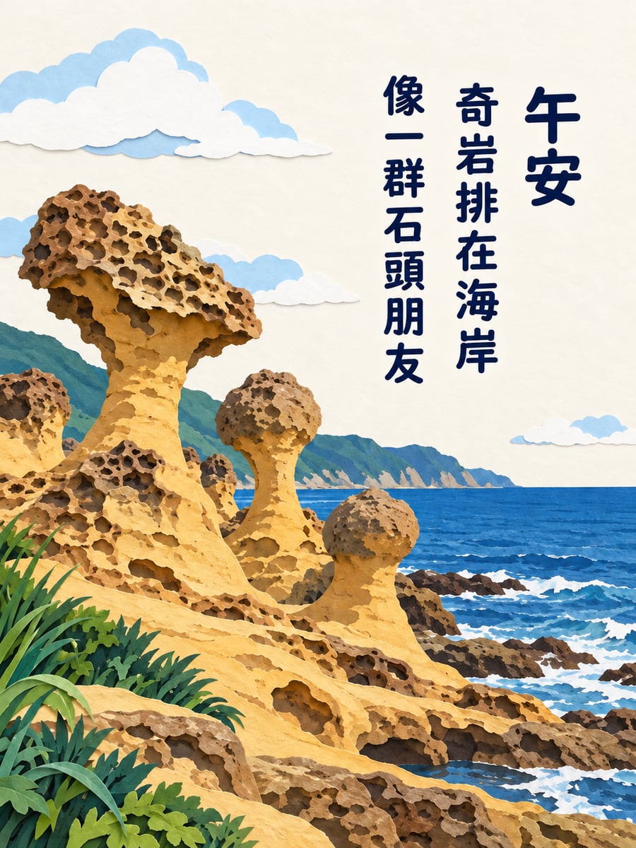 海邊奇岩。圖中文字：午安，奇岩排在海岸，像一群石頭朋友
