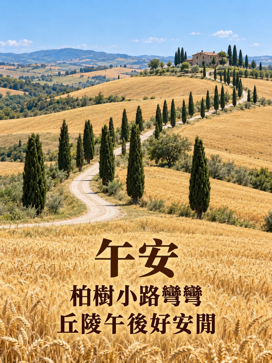 托斯卡尼小路。圖中文字：午安，柏樹小路彎彎，丘陵午後好安閒