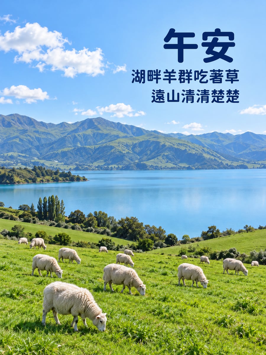 湖畔羊群。圖中文字：午安，湖畔羊群吃著草，遠山清清楚楚