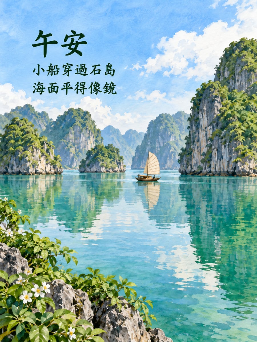 海灣石島。圖中文字：午安，小船穿過石島，海面平得像鏡