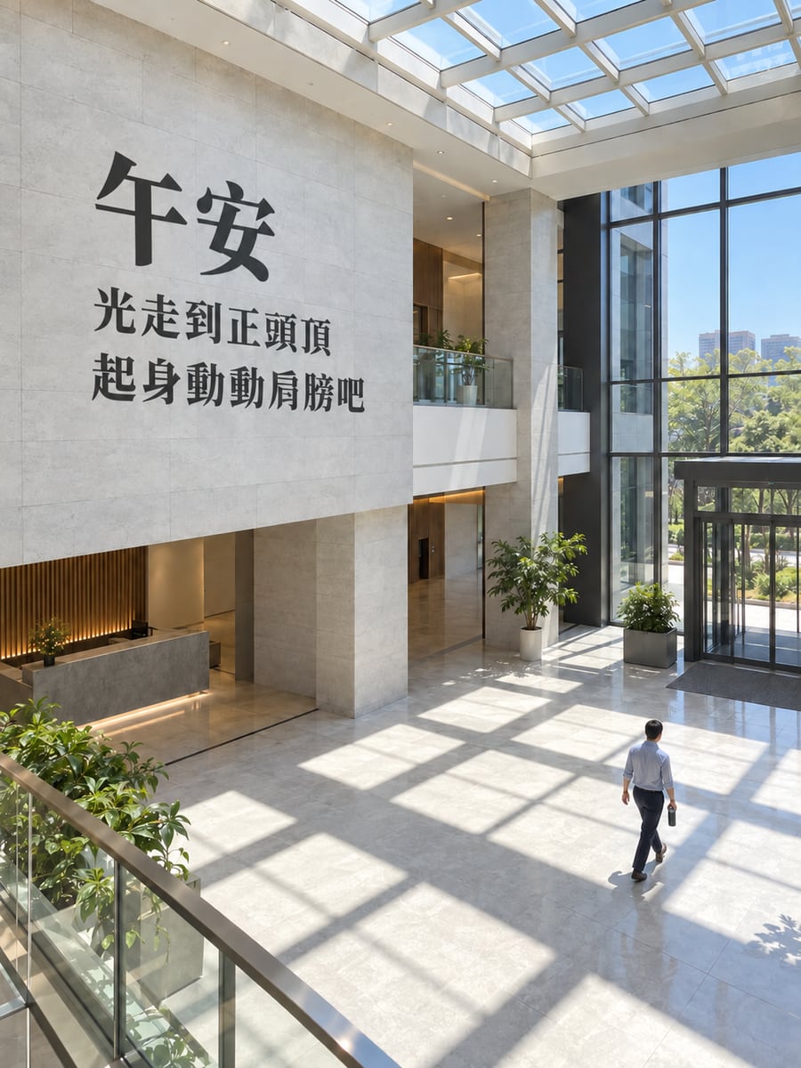 中庭天窗光格。圖中文字：午安，光走到正頭頂，起身動動肩膀吧